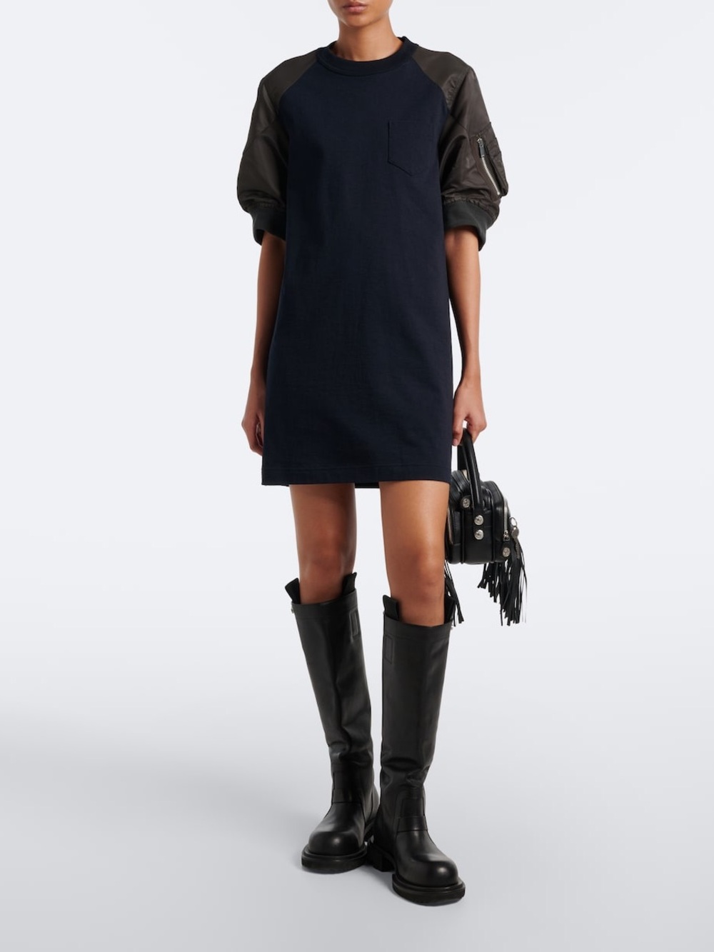 SACAI Puff Sleeve Contrasting Textures Cotton Dress Size 2 VGUC